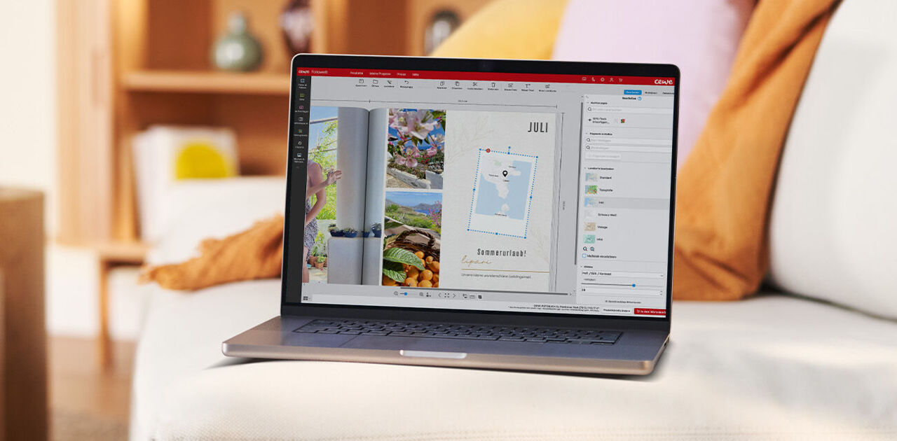 Laptop zeigt eine Fotobuch‑Software, in der ein Videoausschnitt und Bildauswahl bearbeitet werden können.