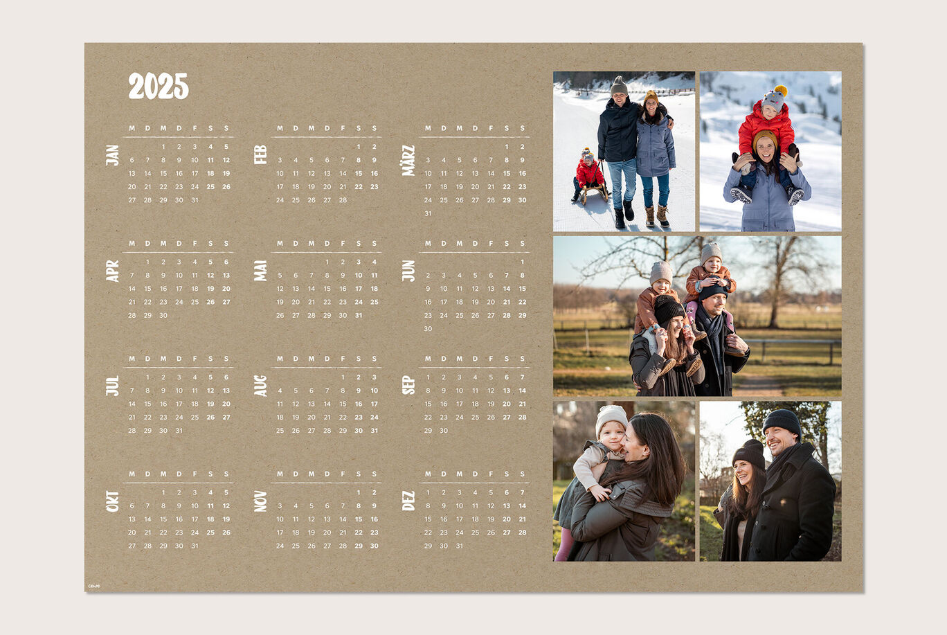 Kalender für 2025 mit Bildern von glücklichen Familienmomenten im Freien.