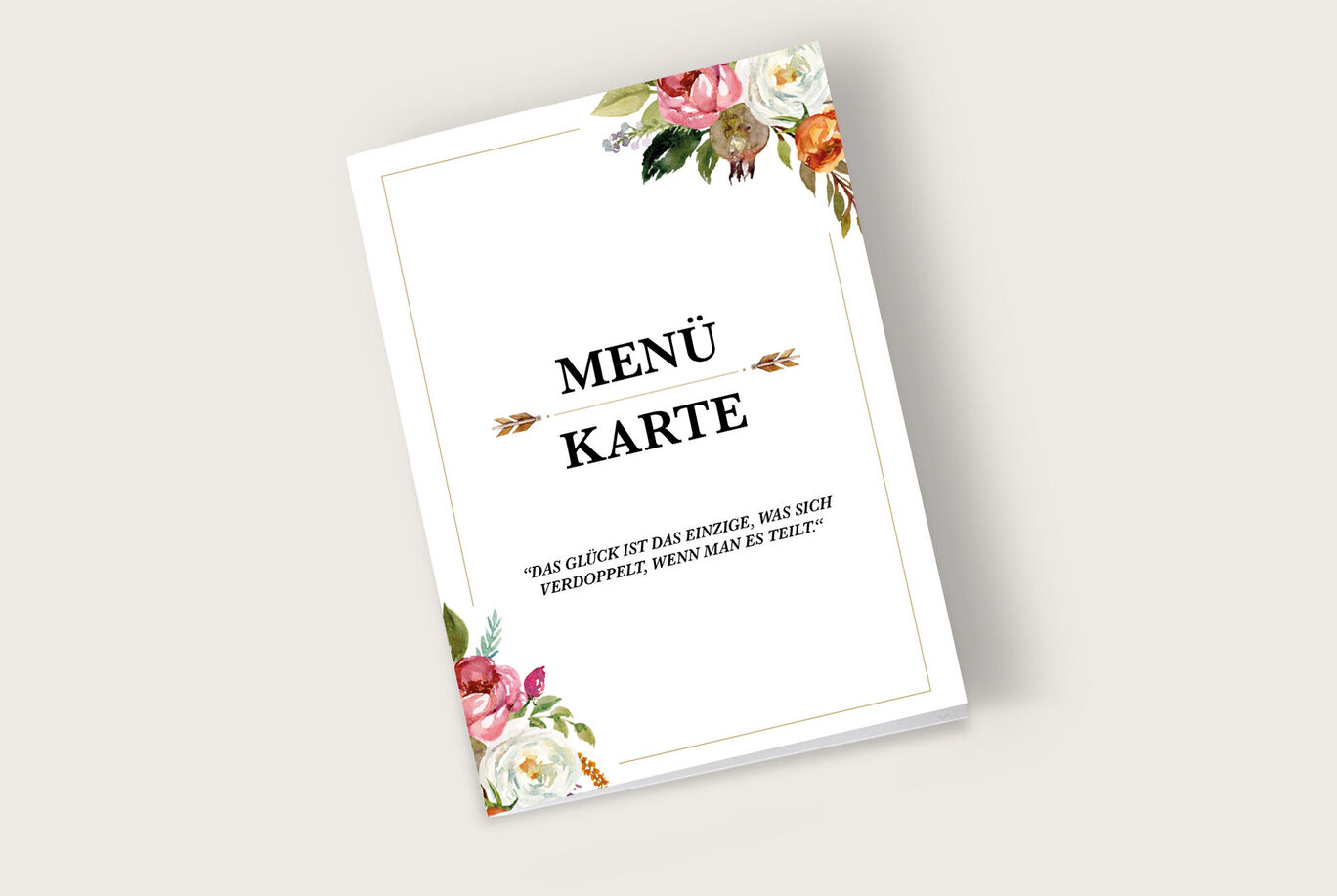 Elegante Menükarte mit floraler Gestaltung und schwarzem Text