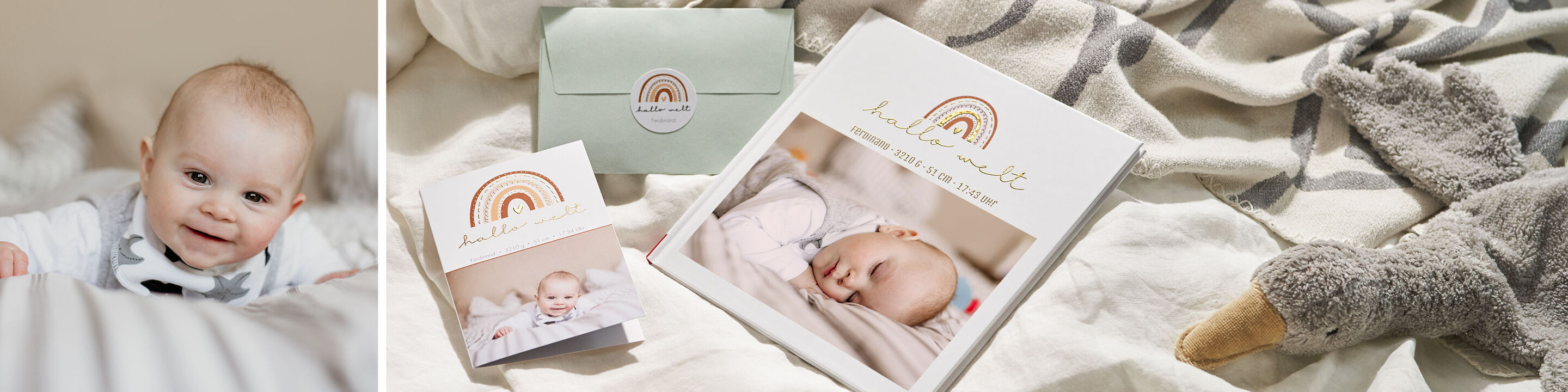 Babyfoto, CEWE Grußkarten und CEWE FOTOBUCH mit Regenbogenmotiv und Geburtsdaten von Ferdinand