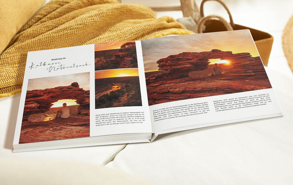 Fotobuch mit Landschaftsaufnahmen und einem Sonnenuntergang, sehr ansprechend gestaltete Seiten