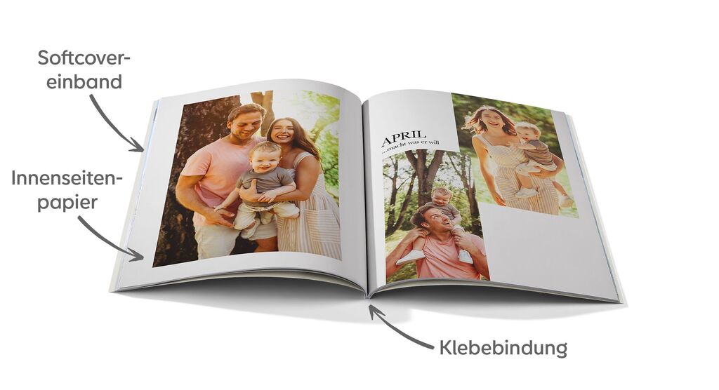 CEWE Fotobuch mit Softcover, Innenseiten aus Papier und Klebebindung, geöffnet mit Familienfotos.